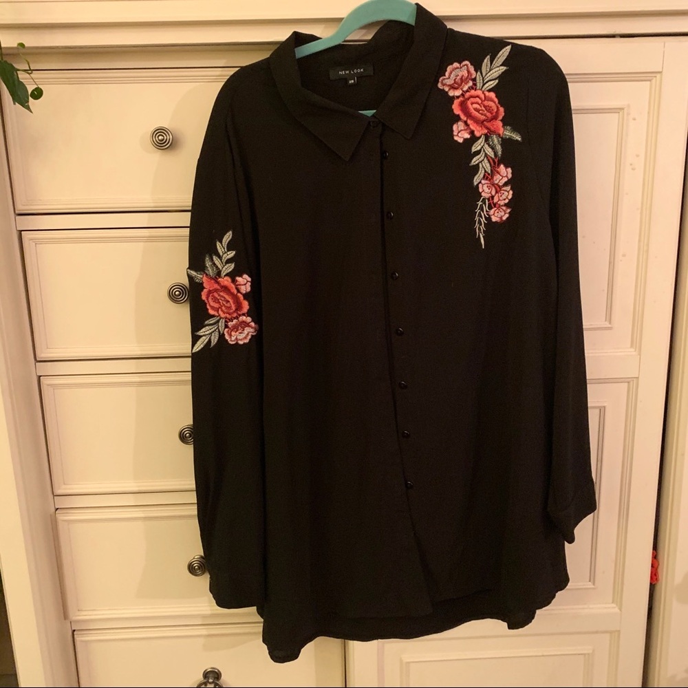 Button up black top with rose accents